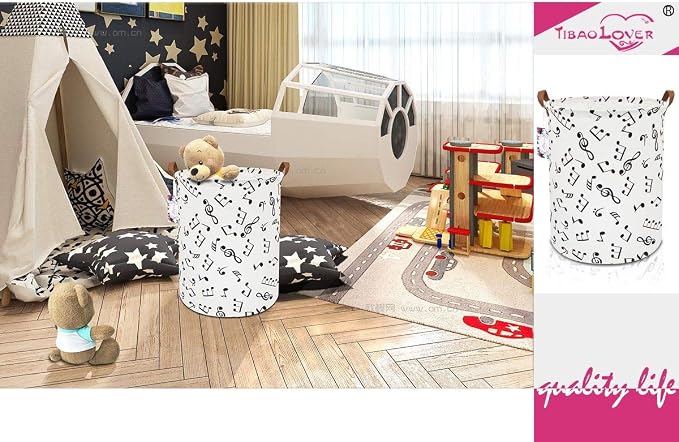 19.7" Large Sized Waterproof Foldable Canvas Laundry Hamper Bucket with Handles for Storage Bin,Kids Room,Home Organizer,Nursery Storage,Baby Hamper (Musical Note)
