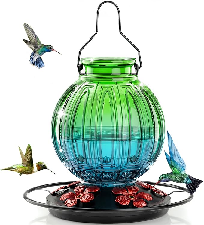 Glass Hummingbird Feeder for Outdoors Hanging, Bird Nectar Feeder with Perch & 5 Flower Feeding Ports, 26 Oz Leak Proof for Outside Garden Decor Backyard, Gifts for Women Mom, Green & Blue