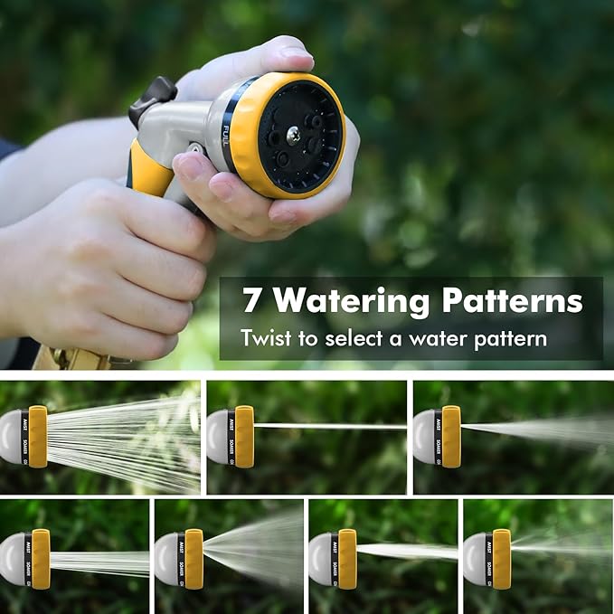 RESTMO Garden Hose Nozzle, Heavy Duty Metal Water Hose Nozzle with 7 Adjustable Spray Patterns, High Pressure Hand Sprayer with Flow Control, Best for Watering Plant & Lawn, Washing Car & Pet, Yellow