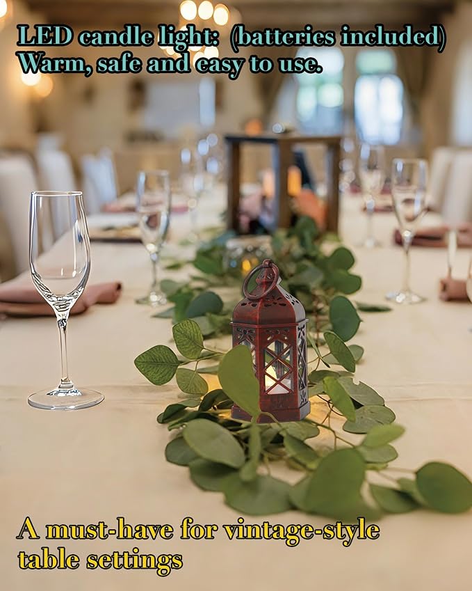 12-Pack Mini Moroccan Lanterns with LED Candle for Ramadan, Wedding, Small Decorative Lanterns for Baby Shower & Table Centerpiece, Ornament, Western Cowboy Party Decor, Red Brushed