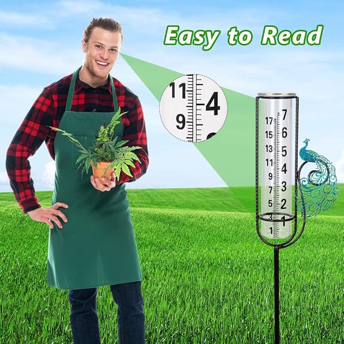 Stargarden Rain Gauge, Outdoor Peacock Rain Gauge, 7 Inch Tube Rain Measure Tool for Yard, Lawn, Garden Decor