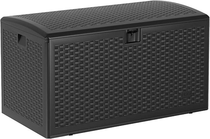 99 Gallon Waterproof Resin Deck Box with Hydraulic Lift, Lockable Wicker Storage Bench - Weather Resistant Outdoor Storage Box Organizer for Patio Cushions,Garden Tools, Pool, Black