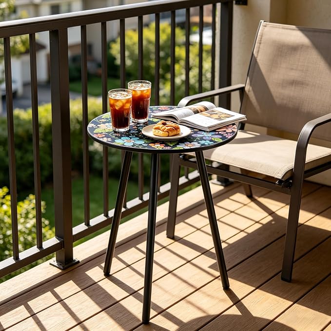 Outdoor Side Table Set of 2 Patio Side Tables for Outside Black End Tables Small Outdoor Table Round Patio End Table Metal Side Table Outside, Indoor, Bedroom, Living Room, Small Spaces, Navy Floral