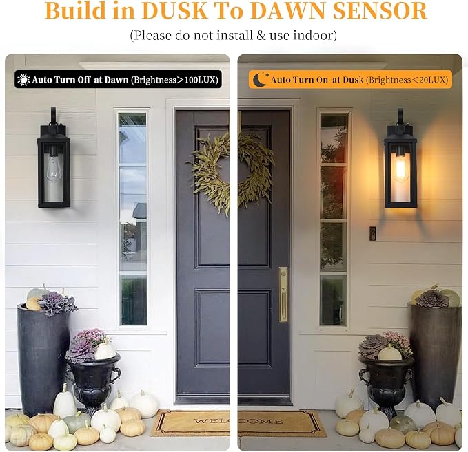 17" Dusk to Dawn Large Outdoor Wall Lights 2-Pack, Anti-Rust Modern Framhouse Porch Lights with Tempered Glass, Black Exterior Lighting Fixtures Outdoor Lights for Garage House