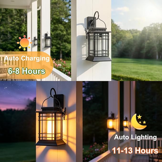 Brightever Hanging Solar Lanterns Outdoor Waterproof, Flickering Flame Solar Lantern Outdoor Lights, Auto ON/Off Solar Powered Lanterns Decorative Outdoor for Garden Front Porch Tree Decor, 2-Pack