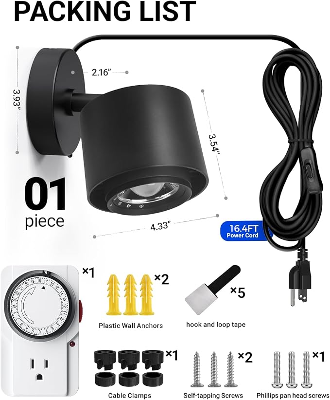 Barrina TR40a Track Grow Lights for Indoor Plants, 15°-60° Adjustable Beam Angle, 40W 4000K Full Spectrum LED Plant Light, High PPFD Spotlight Grow Lamps with Timer for House Plants, 1-Pack, Black