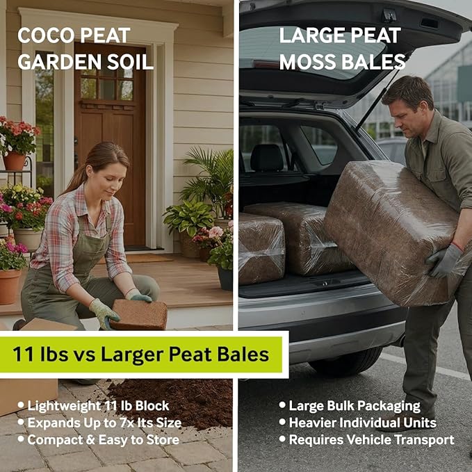 PlantBest Compressed Coconut Coir Block 11 lb – Expands to 64 Quarts and Up to 2.65 Cubic Feet, Coco Coir Growing Medium, Peat Moss Alternative for Potting Soil, Garden Soil, Raised Beds