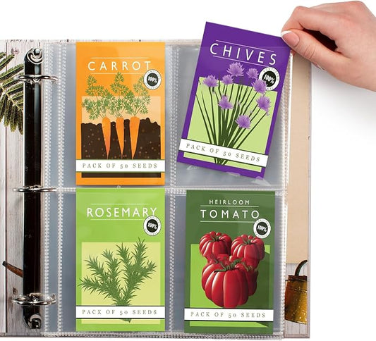 100 Pockets Seed Storage Organizer Sleeves (25 Pack) Slot Size 3.5x5, 4 Pocket Garden Seed Organizer, Clear Sleeves for Seed Packet Storage, Seed Keeper, Seed Organizer Binder