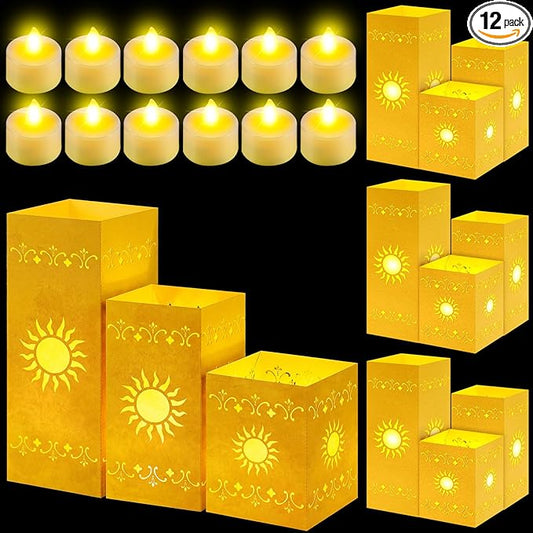 12 Pcs Princess Sun Lantern Centerpieces for Table 3 Size Gold Princess Birthday Cutout Paper Lantern Boxes with Tea Light Candle for Sun Birthday Baby Shower Decor(Cubic)
