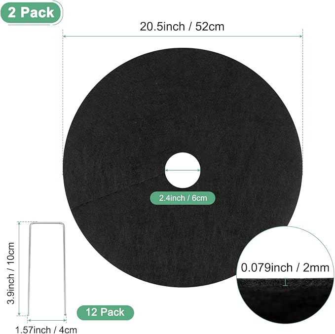 M METERXITY 2-Pack Non-Woven Tree Mulch Ring, 20.5 Inch Reusable Tree Protector Mat W 12 Garden Stakes for Landscape Control Plant Root Protection Tree Ring Weed Fabric Cover [Black]