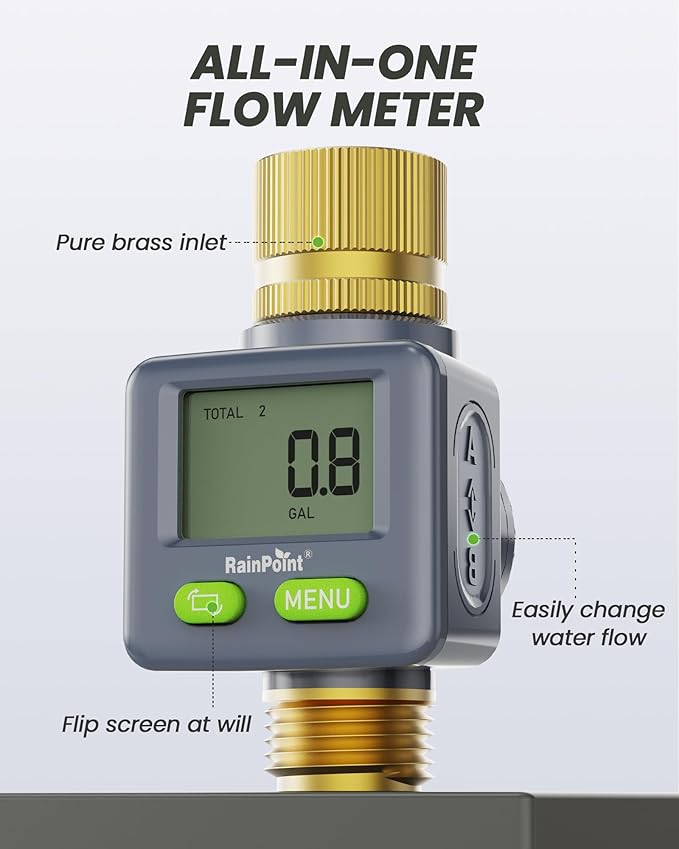 RAINPOINT Water Flow Meter with Brass Inlet & Outlet, 180° Screen-Flip Water Meter, Measure Gallon/Liter Consumption for RV Filling, Garden Watering, Sprinkler and Hoze Nozzle (Pack of 2)