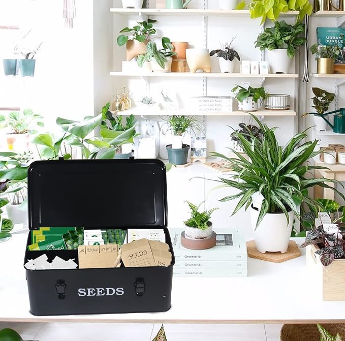 Seed Storage Box Metal Seed Container Seed Packet Storage Organizer, Seed Storage Container with Lid Seed Envelope Storage Box-4 Compartments Garden Seed Box with Safety Locks-Black