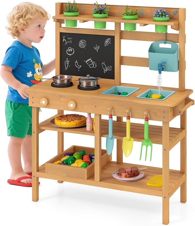 Costzon Mud Kitchen, Toddler Wooden Pretend Playset w/Faucet, Pots, Removable Sinks, Chalkboard, Stovetops & Planting Accessories, Mud Kitchen for Kids Outdoor, Garden, Backyard, Girls & Boys 3+