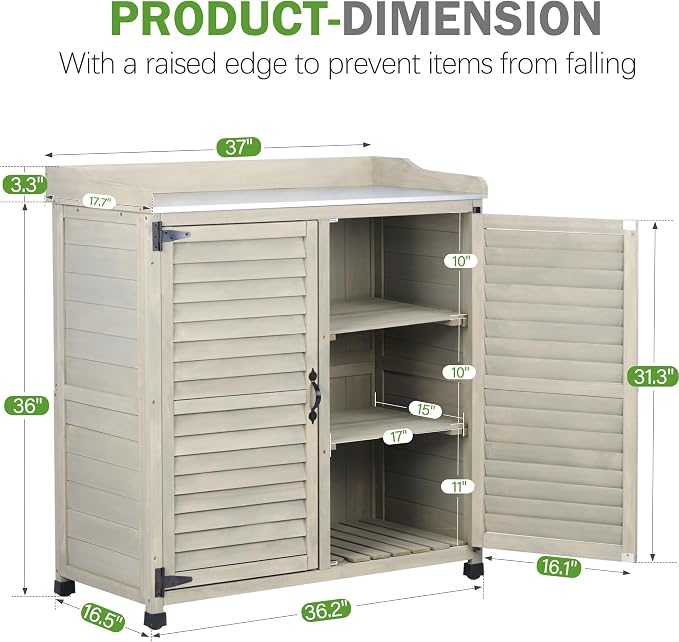Outdoor Storage Cabinet & Potting Bench Table with Metal Work Top & Vented Louvered Doors, Wooden Patio Furniture, Garden Workstation (Accent Grey, 36x31x17in)