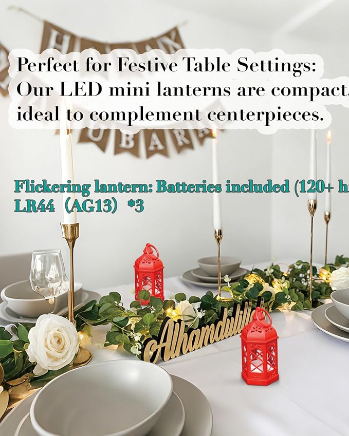 8-Pack Mini Lanterns for Ramadan, Christmas, Small Decorative Lanterns with Flickering LED Candle for Enchanted Forest Wedding, Moroccan Lantern for Table Centerpiece, Medieval Decor, Red