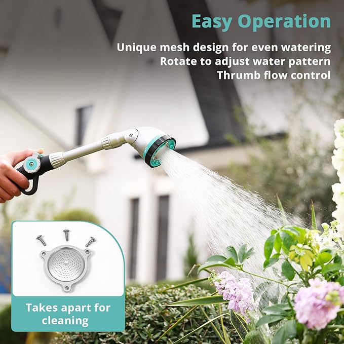 QUOBAS 16" Watering Wand, Heavy Duty Garden Hose Wand with 90°Adjustable Head, Thumb Control & 6 Spray Patterns, Long Reach Hose Nozzle for Hanging Bakets and Shrubs