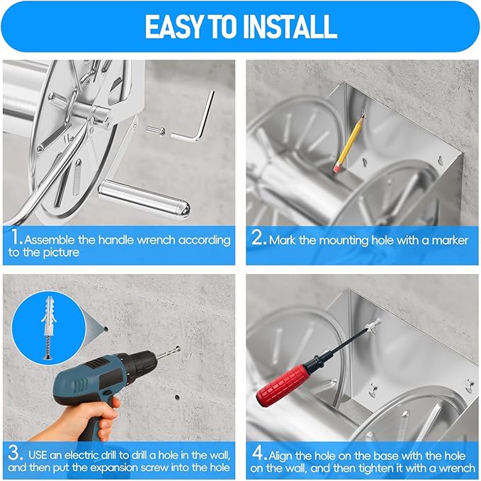 SPECILITE Stainless Steel Garden Hose Reel with 5/8" 75FT Hybrid Rubber Hose and 6FT Leader Pipe, Wall/Floor Metal Mounted Storage Spool with Crank Handle, for Outside, Yard, Patio