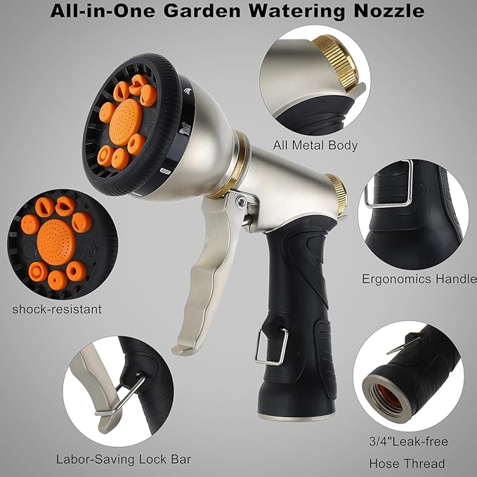 Gareden Hose Nozzles 9 Adjustable Patterns Hose Spray Nozzle Heavy Duty Metal Hose Nozzle Spray High Pressure Slip Resistant Water Sprayer for Cleaning/Watering Lawn Garden/Pets Shower/Car Washing