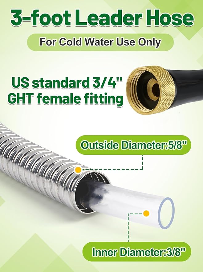 3ft Female to Female Short Garden Hose with Brass Fittings - Stainless Steel Metal Leader Hose Connector for Hose Reel, Heavy Duty & Flexible, for Outdoor Cleaning Car Pet