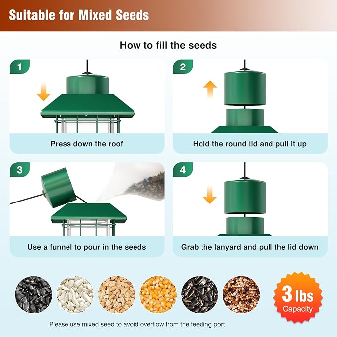 Squirrel Proof Bird Feeder, Metal Bird Feeders for Outdoors Hanging, Weight Activated, 3Lb Capacity, 4 Ports, All-Weather Tube Bird Feeder for Outside, Cardinal Finch Bluebird Wild Bird Feeder