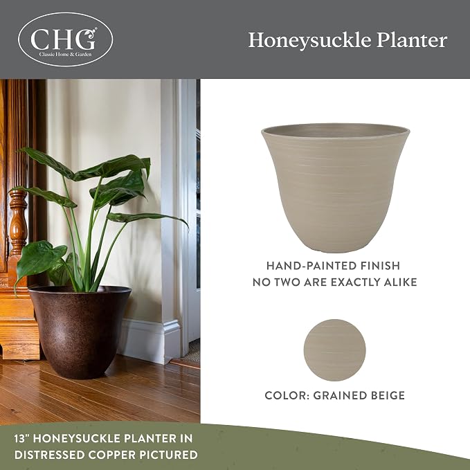 Classic Home and Garden by Growscape Honeysuckle Resin Planters - Lightweight Indoor & Outdoor Plant Pots - UV-Resistant Plastic Flower Pots - Pot Planters for Flowers & Herbs (13" Grained Beige)