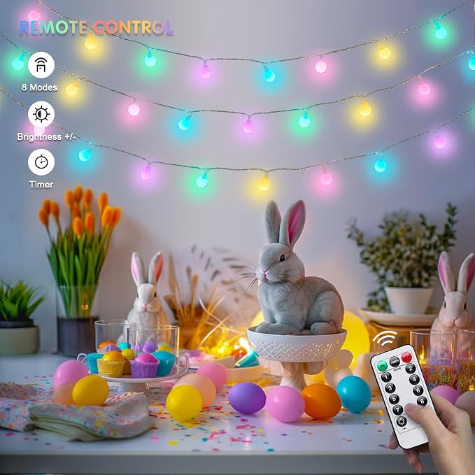 JMEXSUSS 100 LED Easter Lights Battery Operated, 33ft Multicolor Globe String Lights with Remote, 8 Mode Fairy Light Indoor Outdoor Waterproof for Bedroom Room Party Easter Decoration