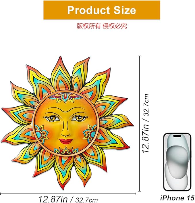 Metal Sun Flower Wall Decor - 12.87 inches Sun Wall Art Hanging Decorations for Outdoor, Home Garden Yard Patio Fence Bedroom Decor, Gifts for Mom Friends