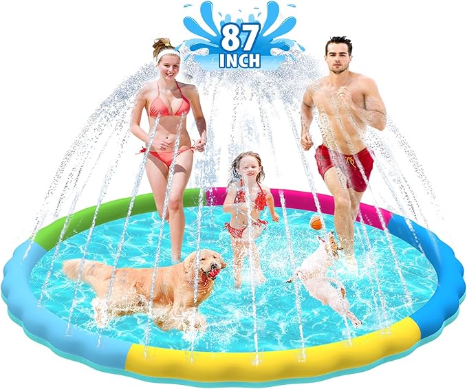 Raxurt Splash Pad, 87in Anti-Slip Splash Pad for Kids Dogs Thickened Durable Bath Pool Pet Summer Outdoor WaterToys Backyard Fountain Play Mat, Colorful