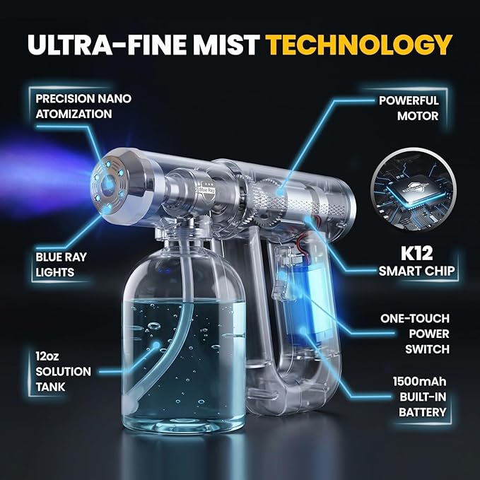 Professional K12 Nano Spray Gun with Blue Light, Atomizer Sprayer & Nano Steam, Cordless & Rechargeable Barber Spray Gun for Fine Mist Sprayer, Handheld & Portable for Home, Salon, Office & Travel Use