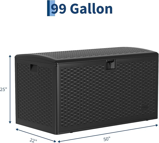 99 Gallon Waterproof Resin Deck Box with Hydraulic Lift, Lockable Wicker Storage Bench - Weather Resistant Outdoor Storage Box Organizer for Patio Cushions,Garden Tools, Pool, Black