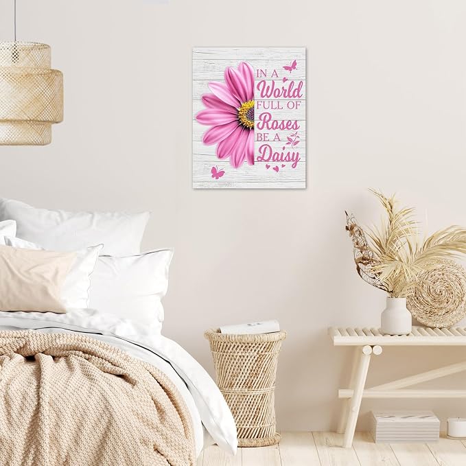 LB Pink Daisy Floral Wall Art- Farmhouse Flower Funny Inspirational Quote Bathroom Wall Decor- Rustic Butterfly Framed Artwork Canvas Pictures for Living Room Bedroom Kitchen Office,12Lx12W inch