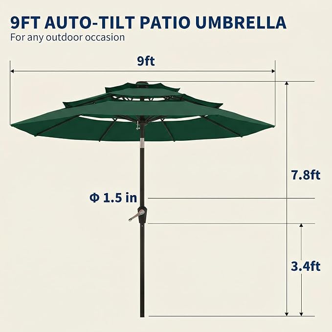 10FT Patio Umbrella 3 Tiers Outdoor Market Umbrella w/Push Button Tilt, Crank, UV and Waterproof Table Umbrella for Garden, Pool, Backyard, Deck, Lawn, Forest Green