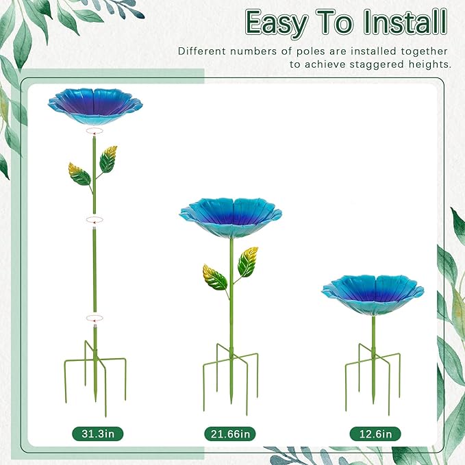4 Pack Bird Baths for Outdoors, Colorful Metal Bird Bath for Outside, Hummingbird Bath with Five Stakes, Garden Flower Small Birdbath for Garden Decor (Red,Yellow,Blue,Green)