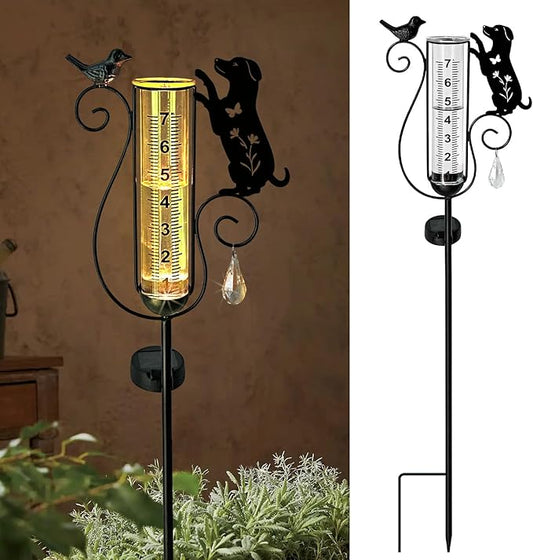 Rain Gauge Outdoor, Solar Powered Decorative Dog and Bird Garden Stake for Outside,Yard, Lawn, Pathway