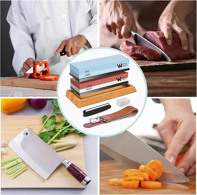 Wucgea Knife Sharpening Stone Kit - 400/1000 3000/8000 Grit Japanese Whetstone Set with Non-Slip Rubber Base, Angle Guide, Flattening Stone and Leather Strop