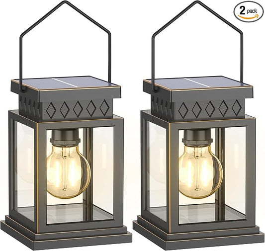 2 Pack Farmhouse Solar Lanterns ,Glass Solar Lights Bulb ,Outdoor Waterproof Upgraded Solar and 2 AA Batteries Powered, for Outside Porch, Patio and Indoor Tables, Mantelpiece.