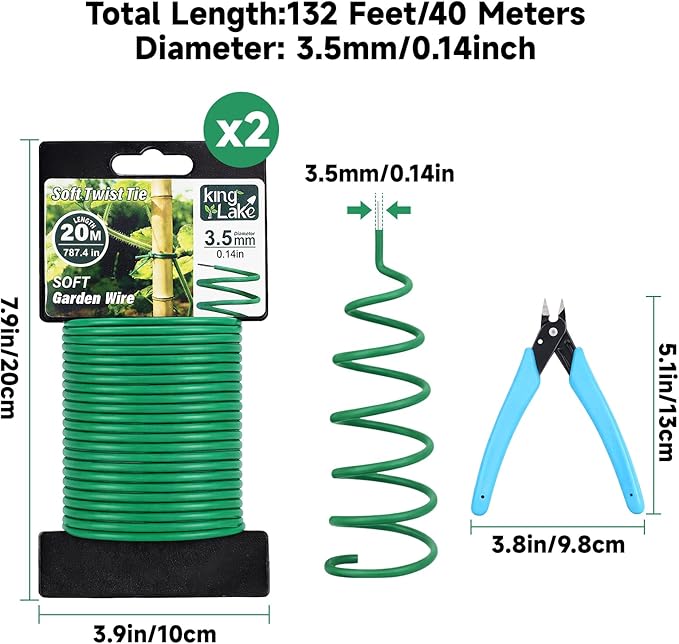 KINGLAKE Green Garden Wire with Pliers - 132 Feet 3.5mm Garden Ties Soft Plant Twist Ties Plant Wire for Climbing Plants Tomatoes Support Vines Vegetables Flowers Indoor & Outdoor Gardening Training