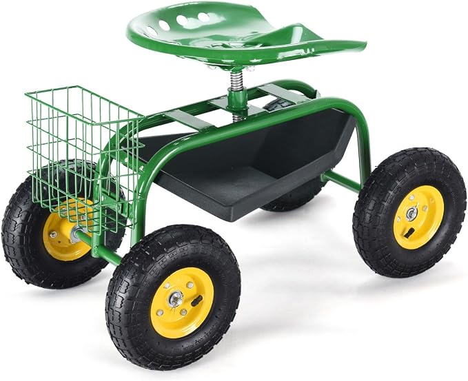 Giantex Rolling Garden Work Seat, 360 Swivel Gardening Workseat with Wheels, Tool Basket, Adjustable Height, Outdoor Scooter for Sitting, Gardening Stool Chair for Planting Trimming, Green