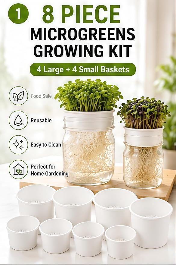 Microgreens Growing Kit for Mason Jar, Sprouting Lid and Seed Sprouter Kit, Easy Indoor Microgreens Grower for Kitchen Herb Gardening and Home Growing（8 Items）