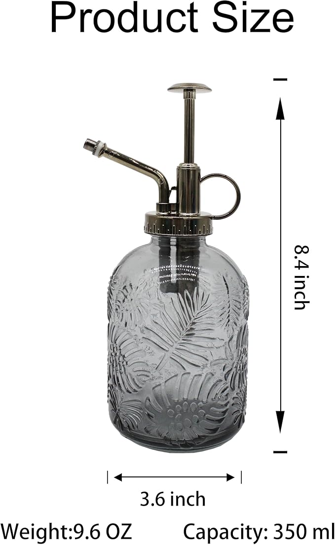 Glass Plant Mister Spray Bottle, 350ML Vintage Plant Spritzer, Succulent Watering Bottle Glass with Top Pump, Small Plants Sprayer Watering Can for Indoor (Gray)