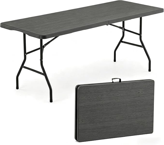 6 Foot Foldable Table with Built in Handle & Steel Legs, 6FT Portable Heavy Duty Plastic Folding Tables for Parties, Dining, Wedding, Events, Picnic, Indoor & Outdoor, Camping, Utility