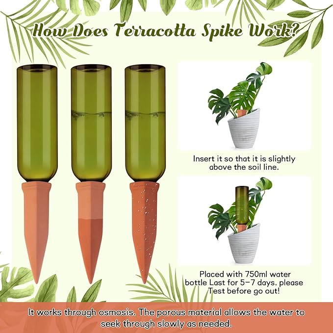 SiliFine 12 Sets Plant Watering Devices Include Terracotta Self Watering Spikes and 26 oz Plastic Bottles, Slow Release Vacation Insert Automatic Plant Waterer Device (Grass Green and Terracotta)