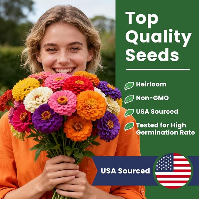 1000+ Zinnia Dahlia Seeds Flower Seeds for 2026 Planting, 0.35 Oz, 5 Varieties (Pink, Yellow, Orange, White, Purple), 10G Mixed Colors and Large Blooms, Open Pollinated - Bulk