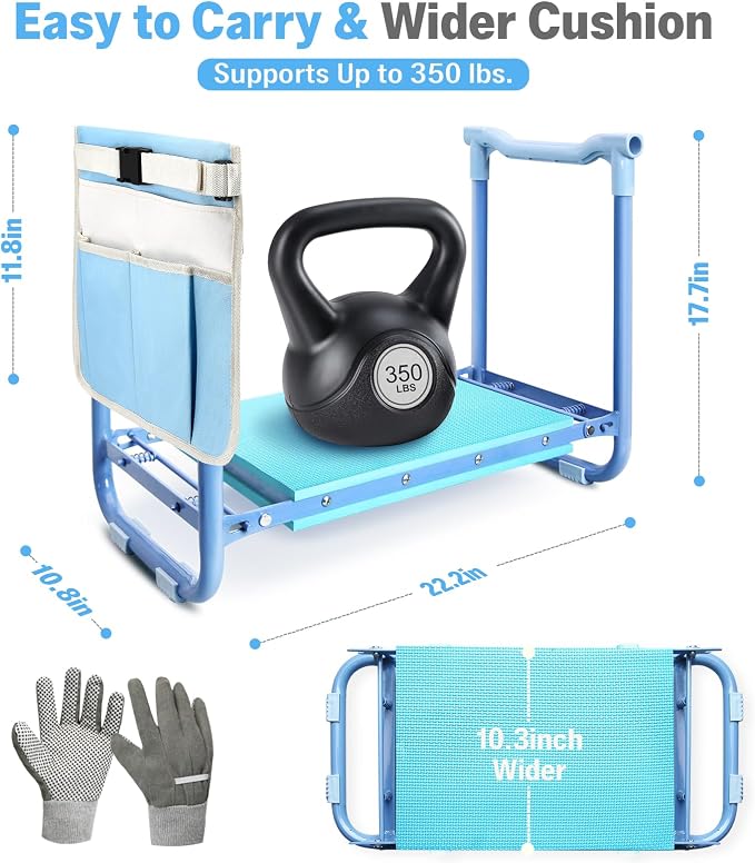 Garden Kneeler and Seat Heavy Duty, Foldable Gardening Stool Bench with Widened Thick Soft Kneeling Pad and Tool Pouches - 2-in-1 Portable Kneeling Device for Seniors (Blue)