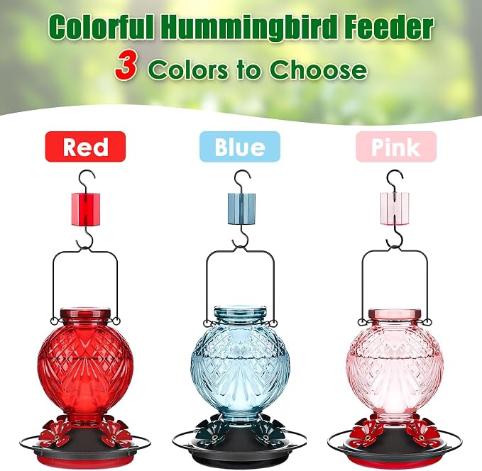 Glass Hummingbird Feeder for Outdoors Hanging, 20oz Bird Nectar Feeder with 4 Bee Guard Flower-Shaped Ports & Built-in Ant Moat, Easy to Clean, for Bird Lover,1 Pack, Blue