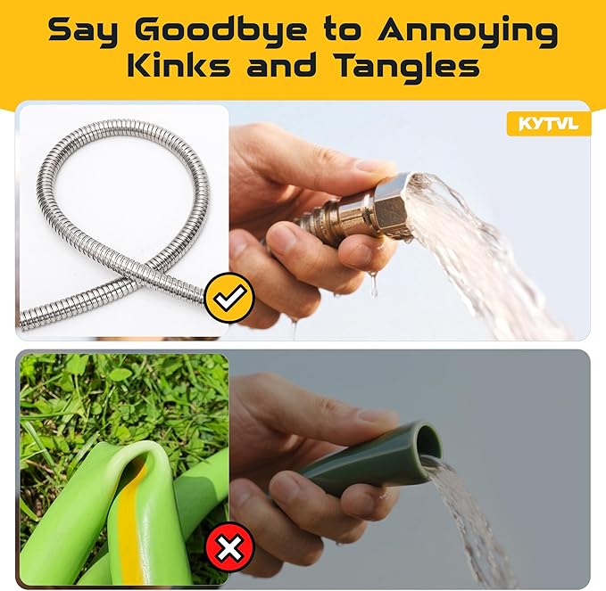 10FT Short Garden Hose Female to Female – Stainless Steel Leader Hose for Hose Reel, Kink-Free Flexible Metal Water Hose, Leakproof Durable Designy for Outdoor Garden, Pet Washing, Car