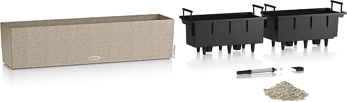 Lechuza BALCONERA Stone 80 Sand Beige, Self-Watering Window Box (Railing Planter), H7.5 L31.1 W7.5 in