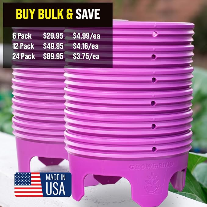 7 inch solid Planting Grow Rings | 24 Pack Purple | One-Piece Design for Deep Root Watering Veggies, Herbs & Flowers | Mulch & Soil Barrier | Deter Slugs and Cutworms | Heavy Duty | Made in USA