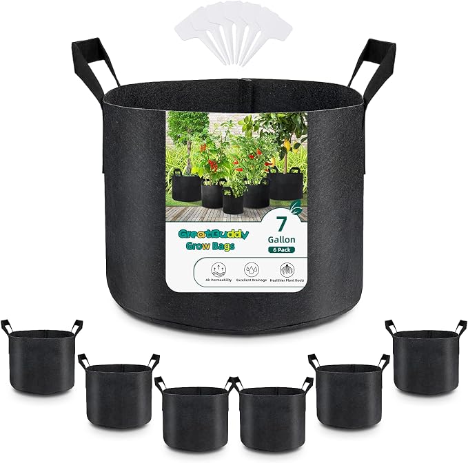 GreatBuddy Grow Bags 7 Gallon 6-Pack, Heavy Duty Fabric Grow Bags with Handles for Vegetables, Herbs, and Tomatoes, Fabric Pots & Planting Bags for Outdoor Home Gardening