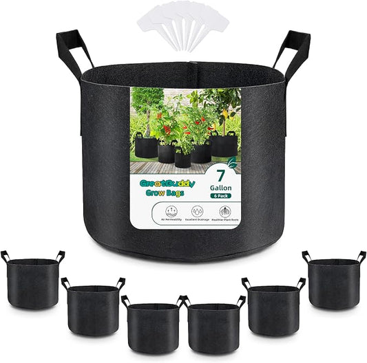 GreatBuddy Grow Bags 7 Gallon 6-Pack, Heavy Duty Fabric Grow Bags with Handles for Vegetables, Herbs, and Tomatoes, Fabric Pots & Planting Bags for Outdoor Home Gardening